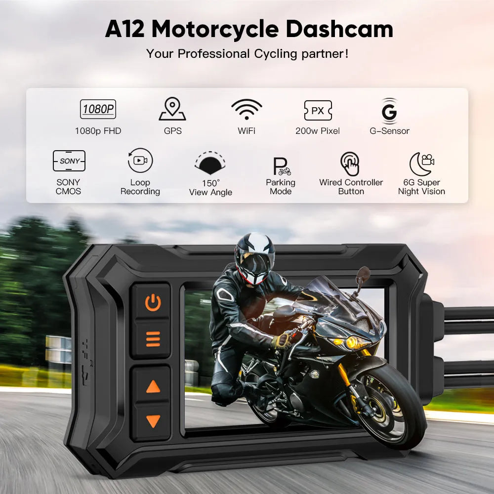 Motorcycle dash cam with 3 inch display and dual waterproof lenses for front and rear recording
