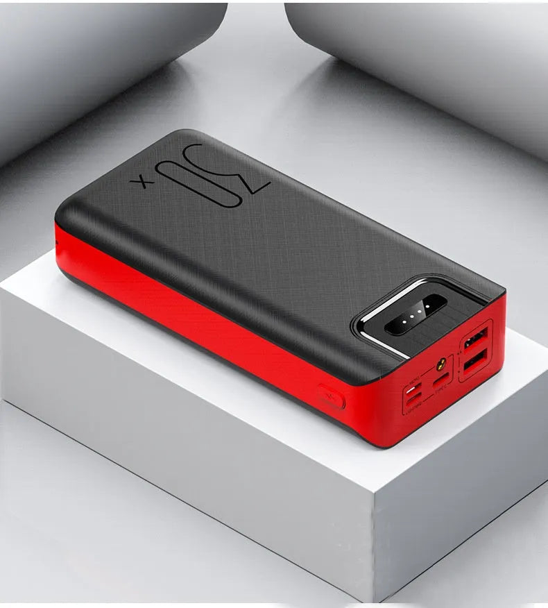 30000 mAh RM-30X power bank with black surface cloth texture and LED LCD display