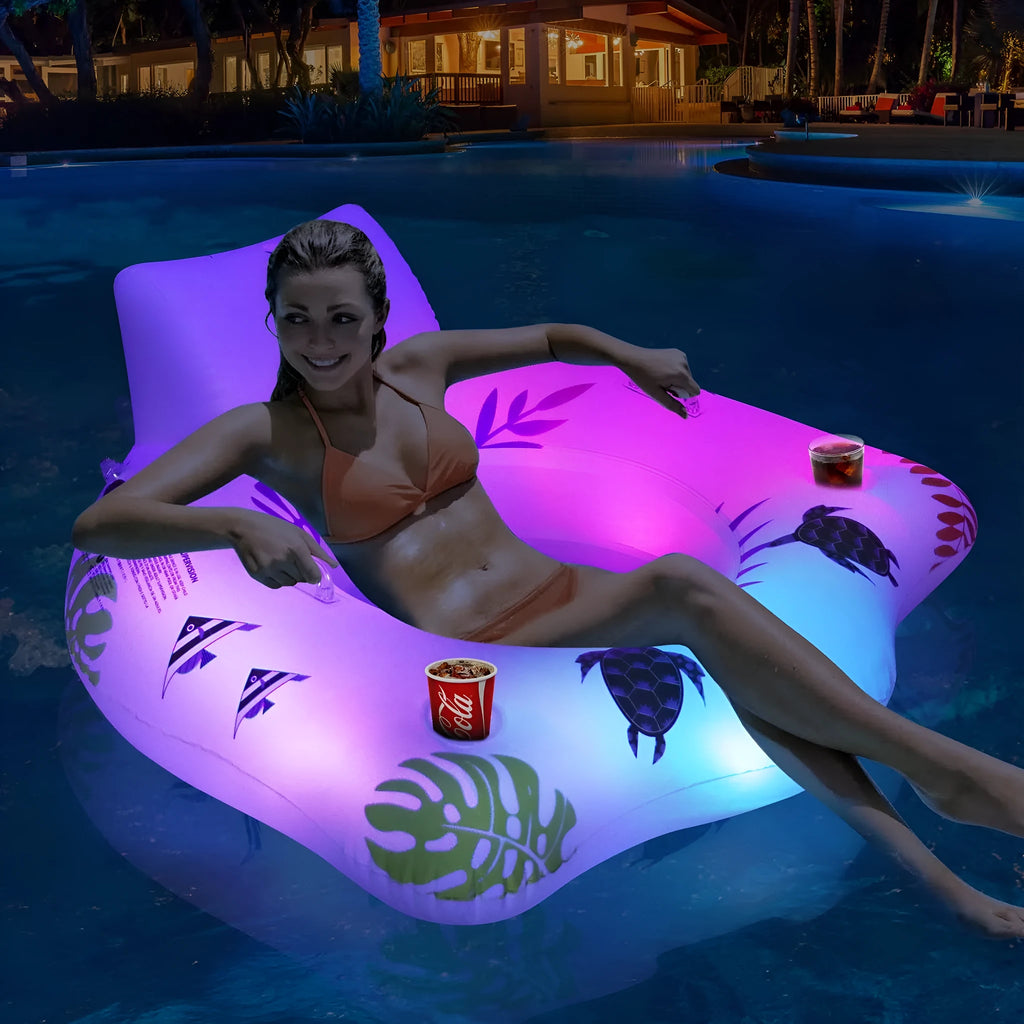 White U-shaped inflatable float with LED lights for pool lounging
