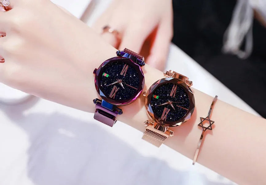 Starry Sky women's watch with magnetic mesh strap, 34mm alloy case, glass surface, diamond dial, available in multiple colours
