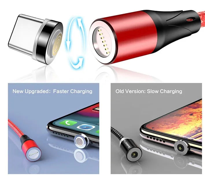 Black magnetic 3-in-1 fast charge data cable with side LED light for Apple and Android phones