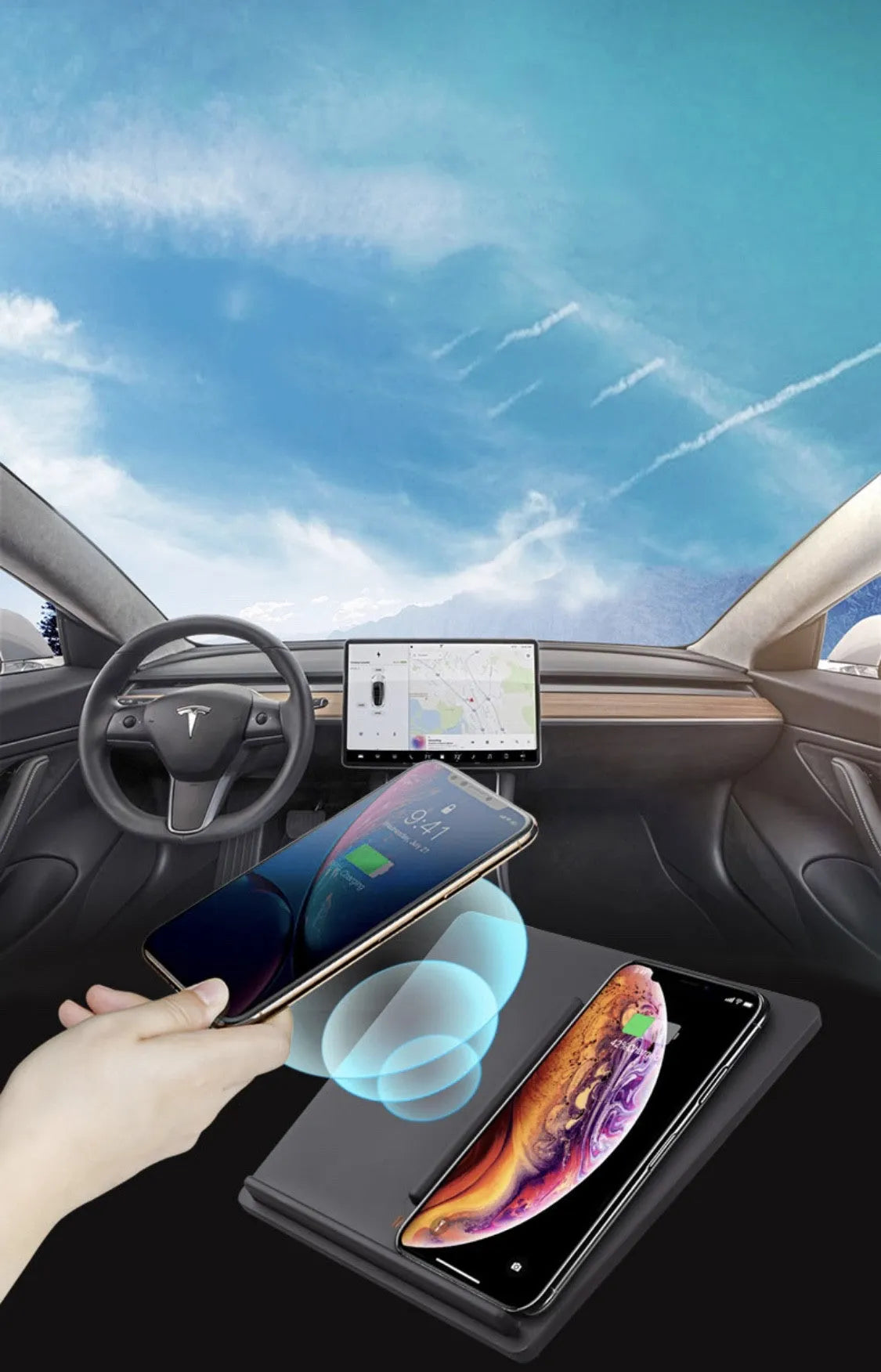 Tesla Model 3 wireless car charger 10W black double separation line design on centre console