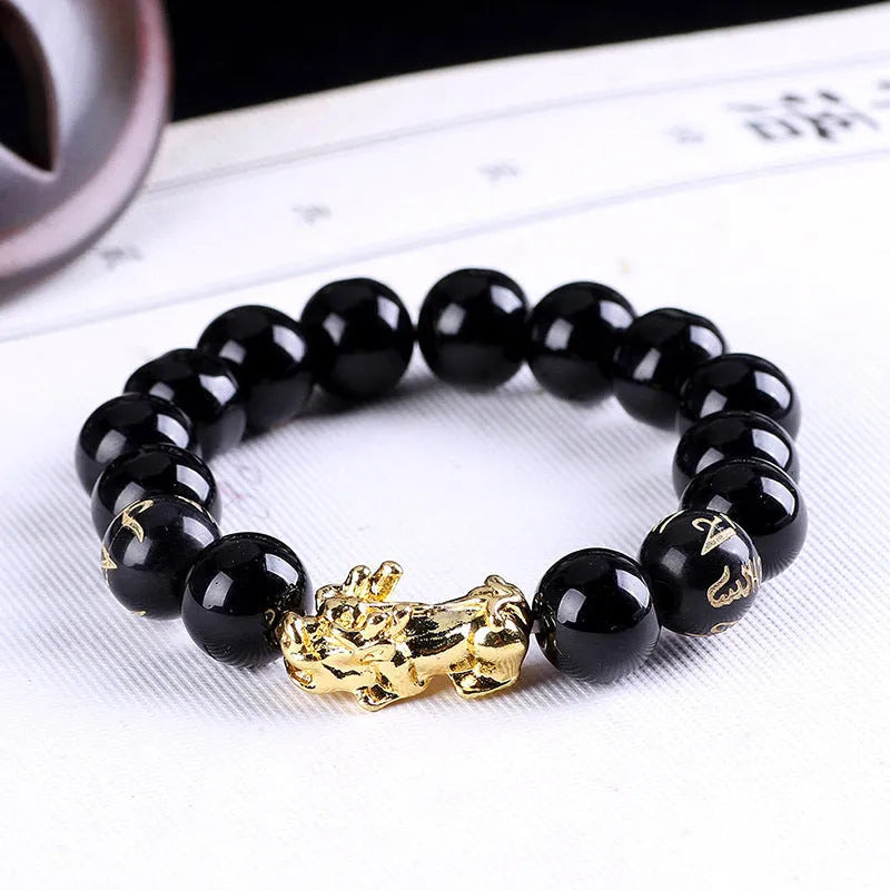 Imitation obsidian 18K gold bracelet with six brave words and little pearl on hand