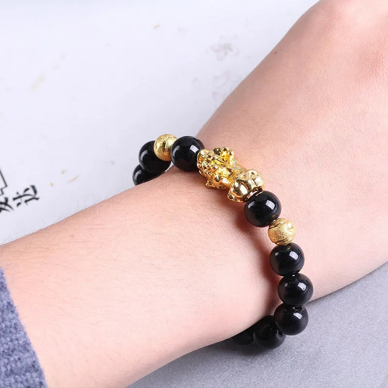Imitation obsidian 18K gold bracelet with six brave words and little pearl on hand