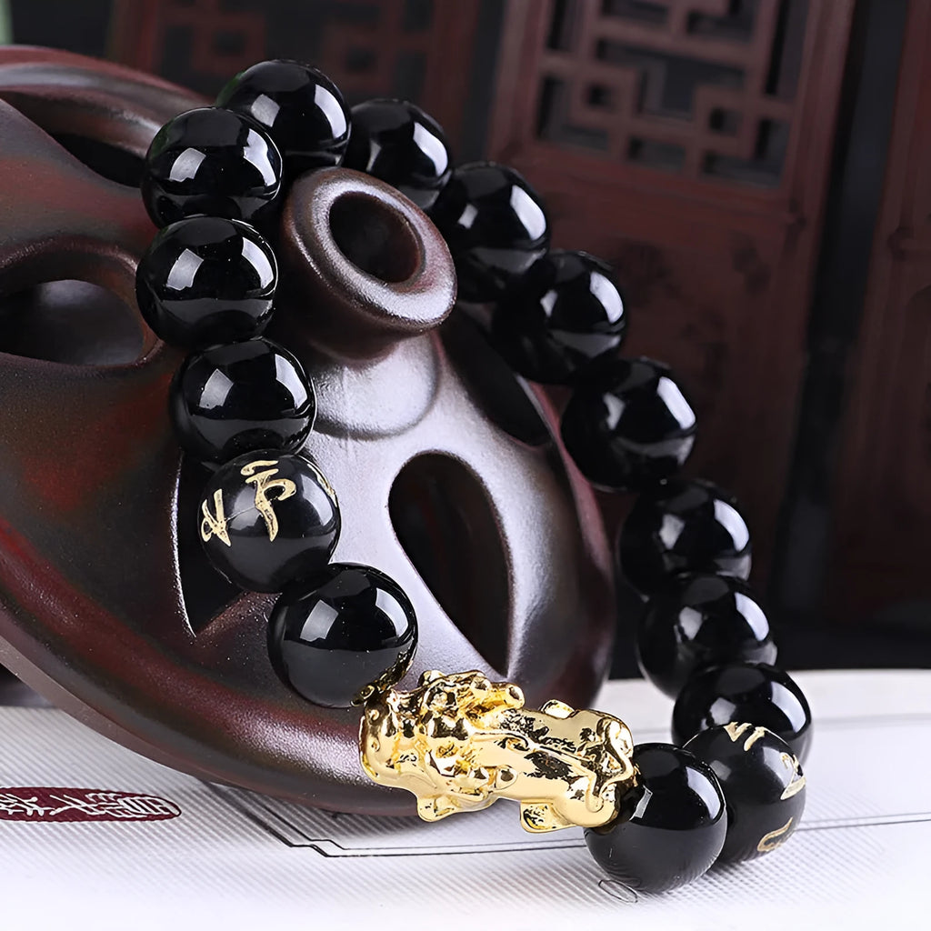 Imitation obsidian 18K gold bracelet with six brave words and little pearl on hand