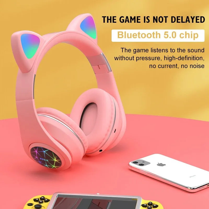 Cat ear wireless Bluetooth sports headset in various colours showing head-mounted design
