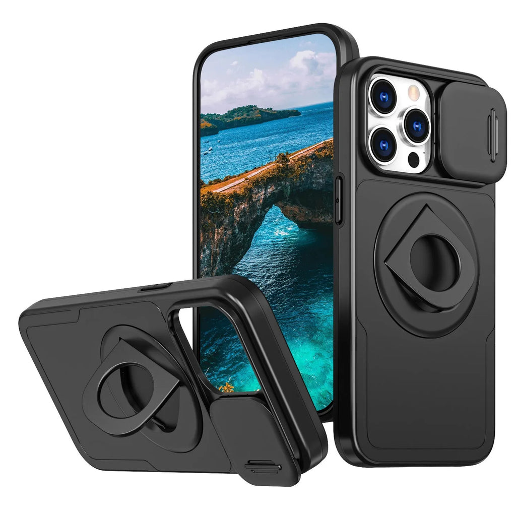 Phone case with sliding window magnetic ring and rotating bracket for Apple iPhone, shockproof PC TPU, black colour