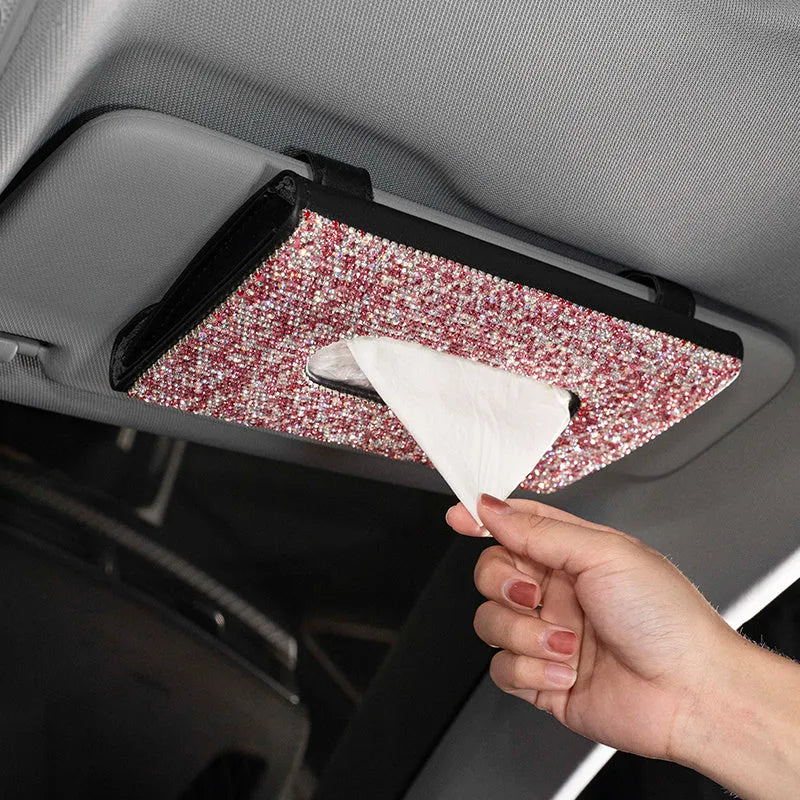 Crystal PU leather hanging sun visor car tissue box with rhinestones, metal clip, and Velcro closure in beige colour