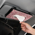 Crystal PU leather hanging sun visor car tissue box with rhinestones, metal clip, and Velcro closure in beige colour