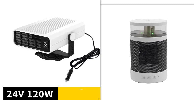 Universal 12V 24V car defrost heater in black ABS with 360-degree rotating holder and handle