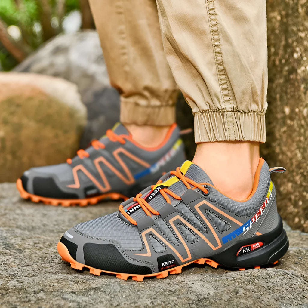 Men's plus size casual running shoes in grey orange colour with low-top design