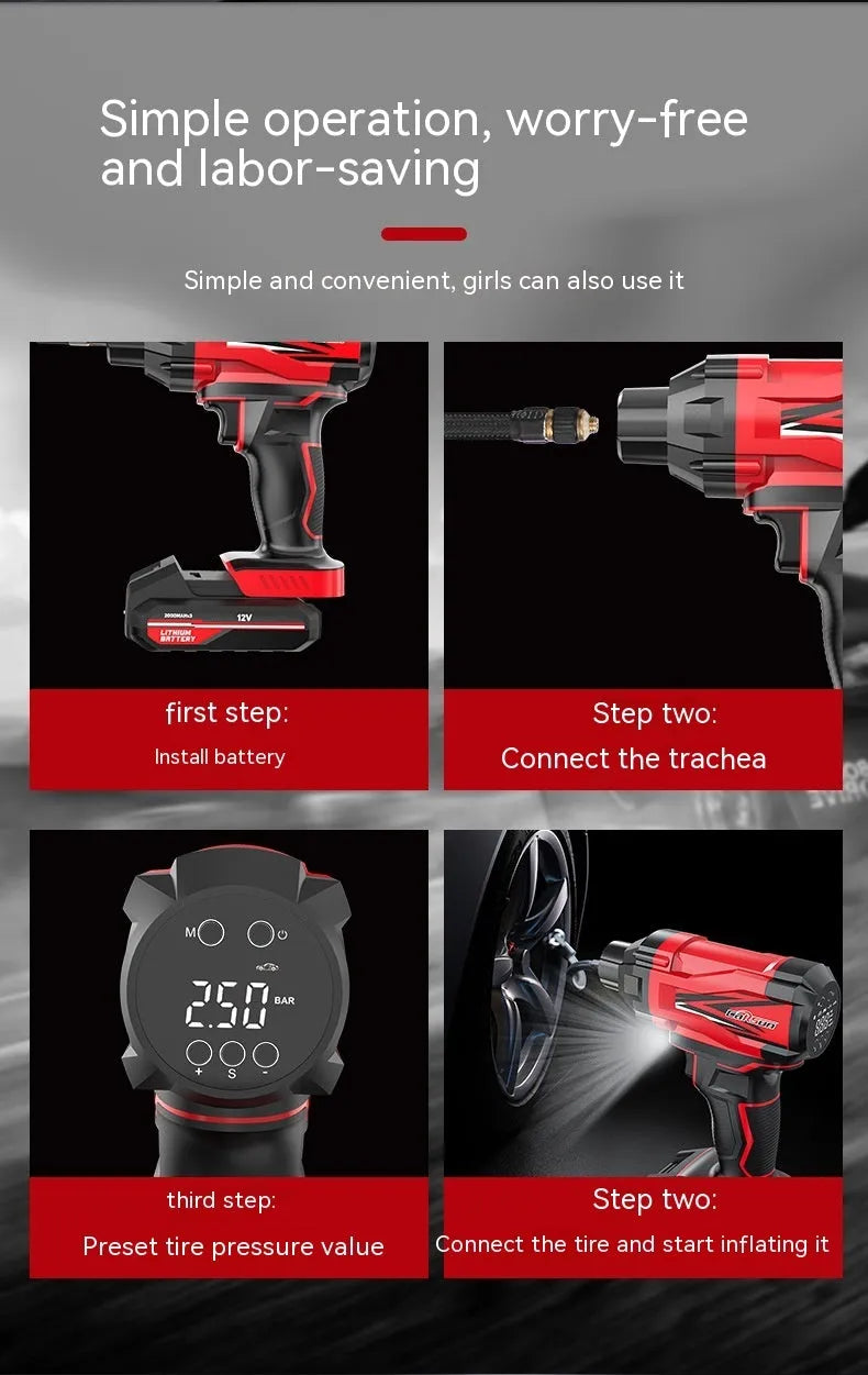 Red and black wireless car tyre inflator with nozzle attachments and power cable