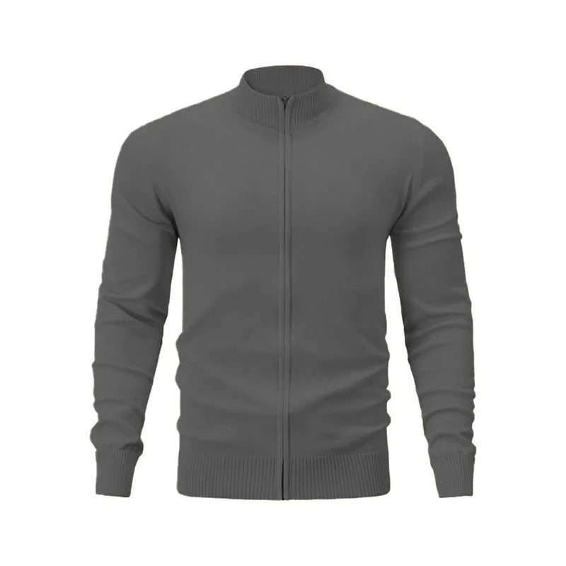 Casual stand collar zip-up sports sweater in a solid colour, shown on a model.