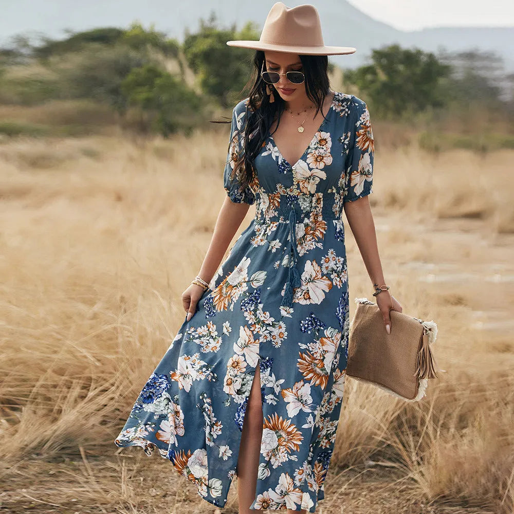 Women's floral print summer beach dress with V-neck and elastic waist