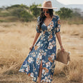 Women's floral print summer beach dress with V-neck and elastic waist