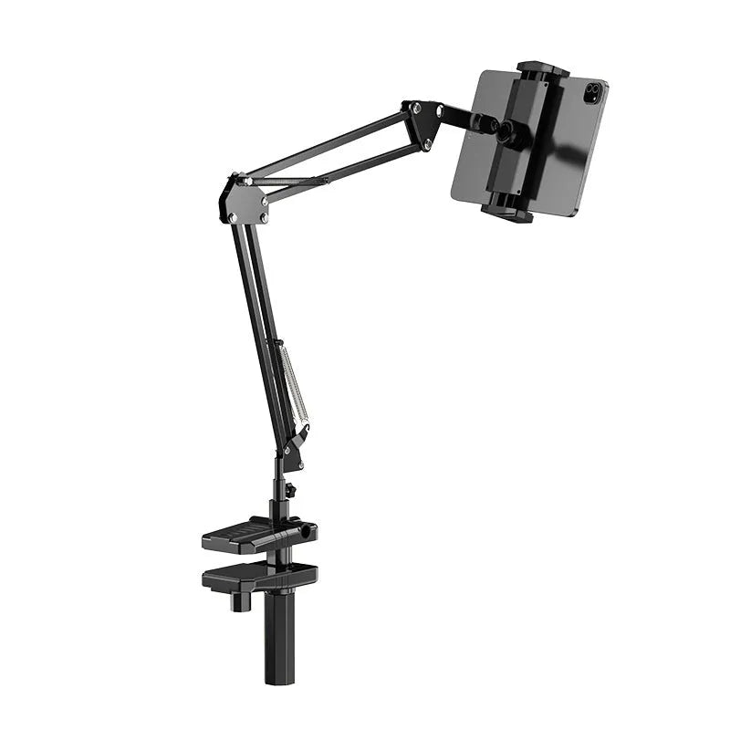 Universal alloy lazy bracket holding a mobile phone on a bedside table