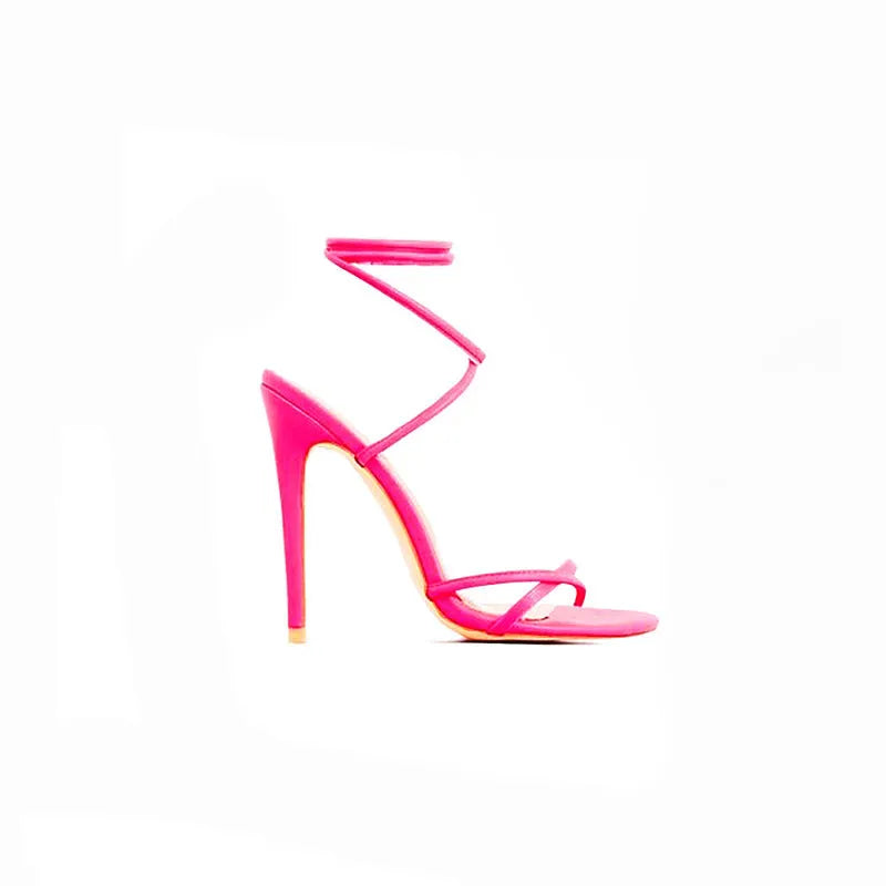 Candy Bright Toe Strap High Heels in rose red, showing microfiber upper, rubber sole, and toe strap design