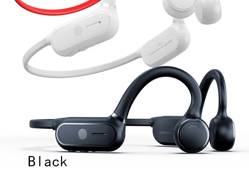 Black air conduction Bluetooth earphones with titanium wire frame showing ear-hook design
