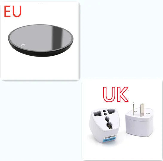 Black circular cup warmer with temperature control buttons on side