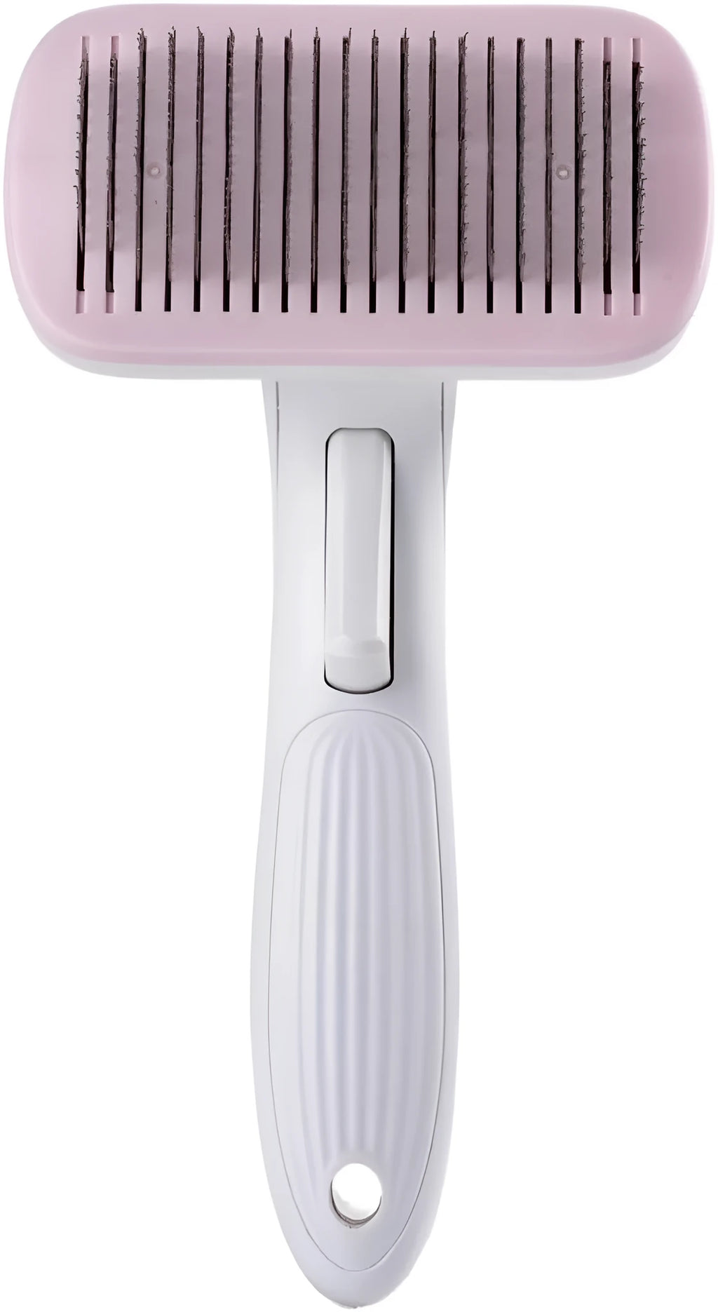Automatic pet hair removal comb for dogs and cats in blue, grey, green, or pink.