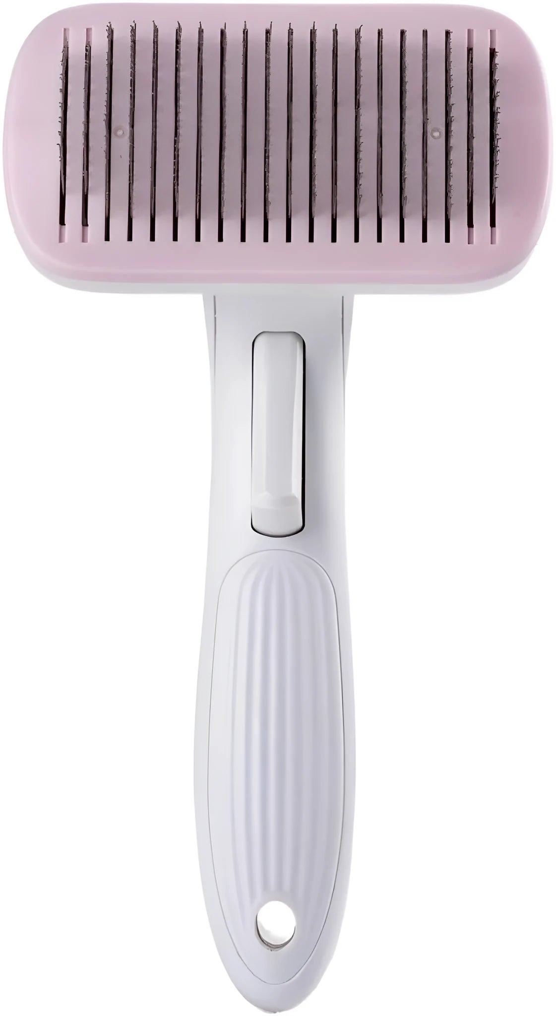 Automatic pet hair removal comb for dogs and cats in blue, grey, green, or pink.