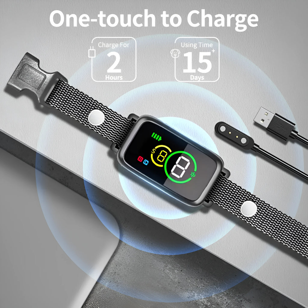 Black ABS bark-stop collar with colour screen and magnetic USB charging port