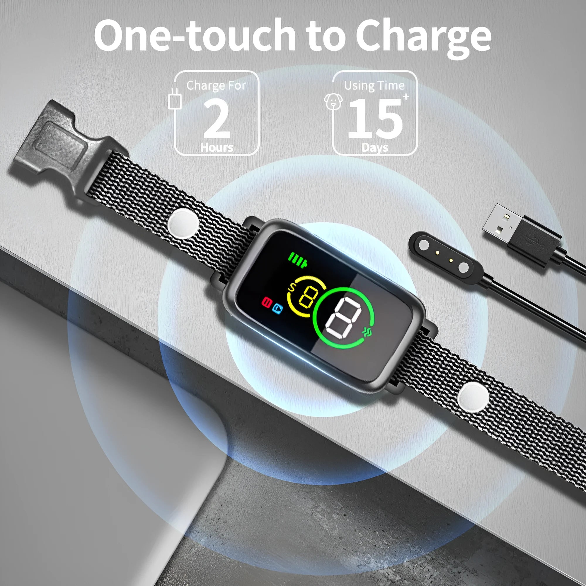 Black ABS bark-stop collar with colour screen and magnetic USB charging port