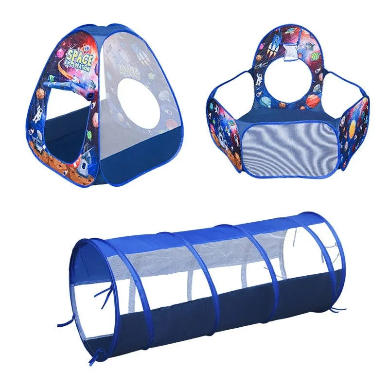 Children's three-in-one cloth play tent set with ball pool and tunnel in marine cartoon design