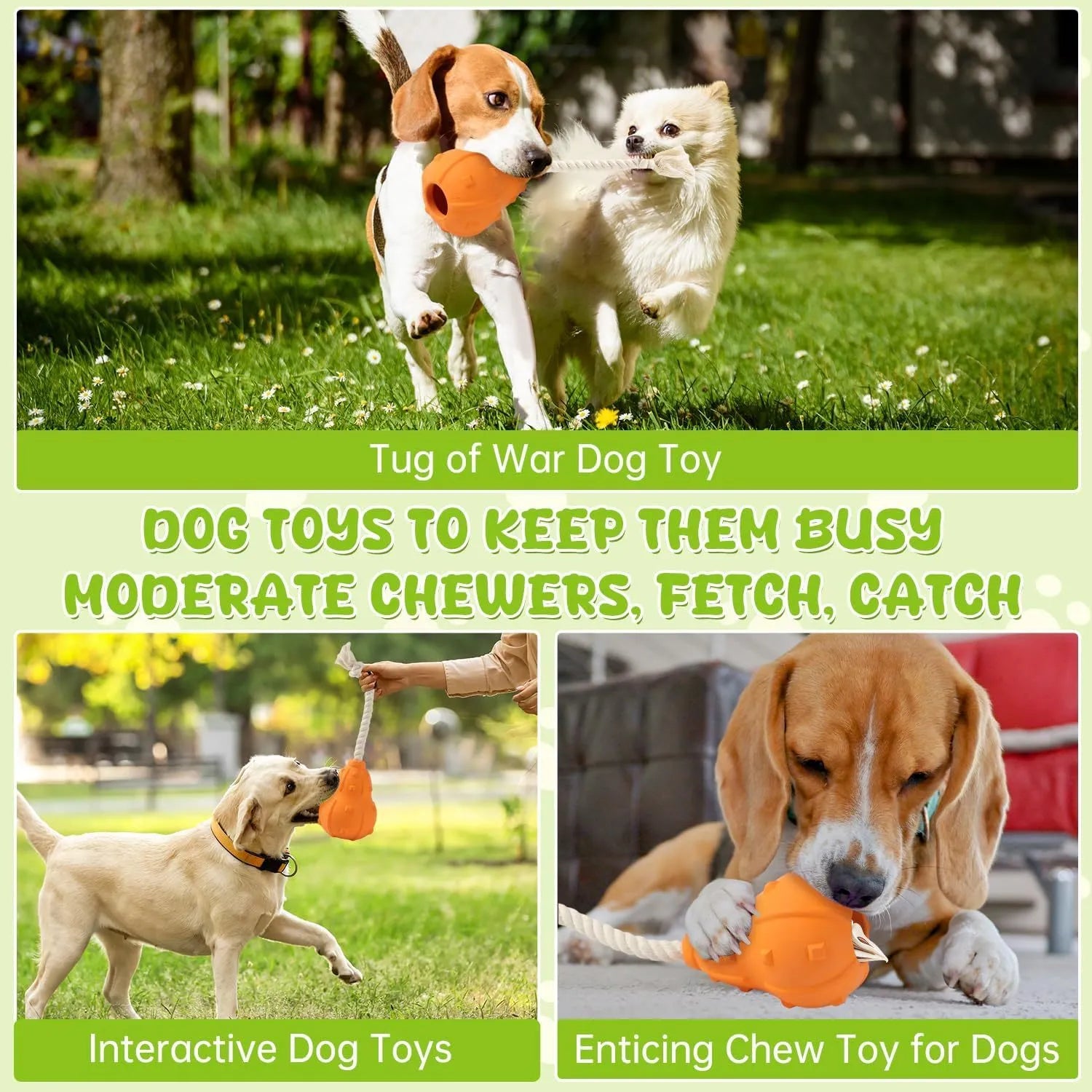 Natural rubber stuffable dog fetch toy with a long strap, shown with treats.