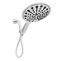 Six-function handheld shower head with 6-inch diameter and electroplated finish showing spray selector