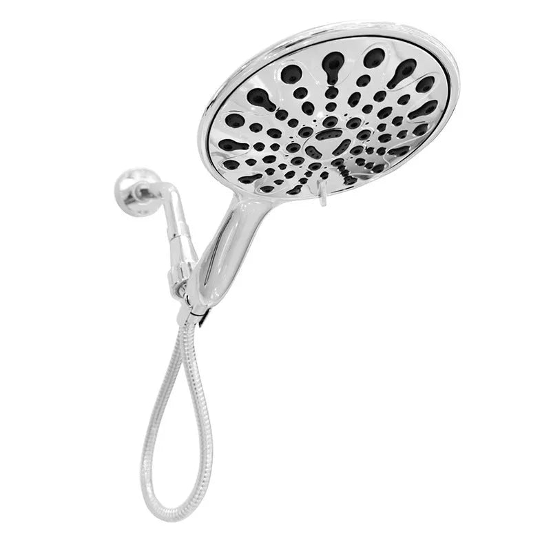 Six-function handheld shower head with 6-inch diameter and electroplated finish showing spray selector