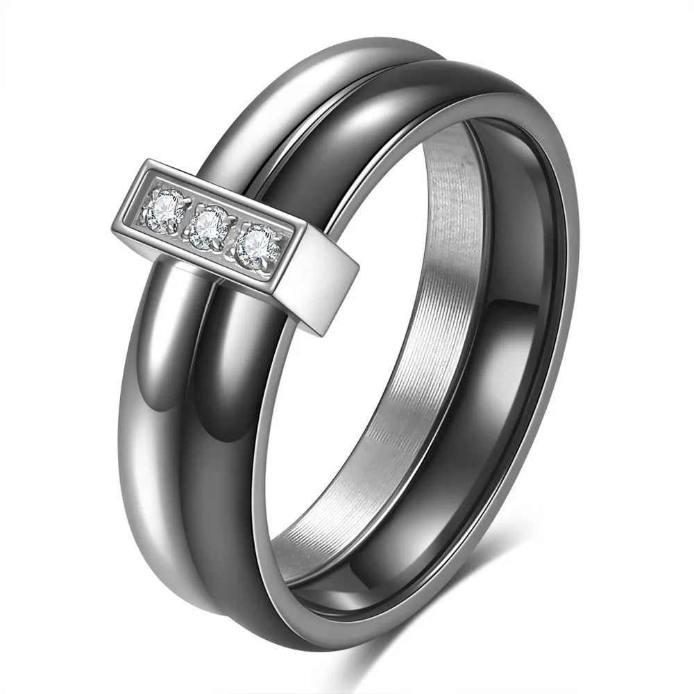 Women's ceramic ring with 6mm wide band and glossy zirconium inlay in steel black finish.