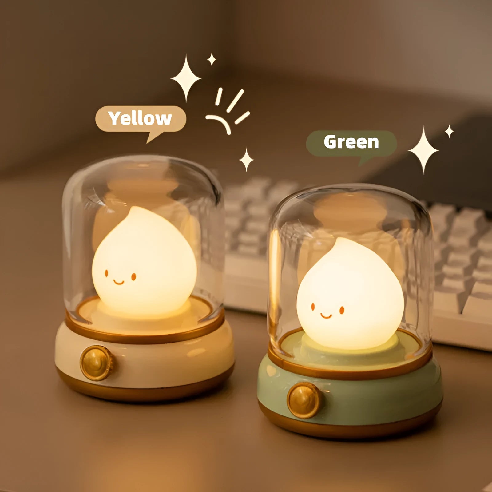 Retro small USB rechargeable night lamp with adjustable warm light on bedside table, compact 100x108x124mm size