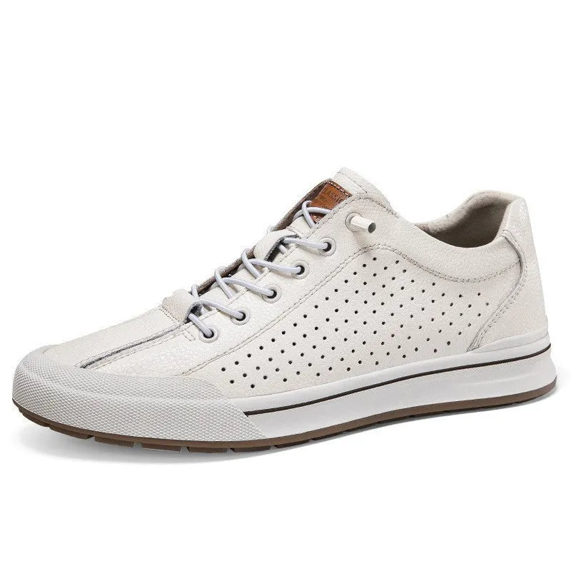 Men's matte leather casual shoes in white and black with 6CM flat heel and round toe design