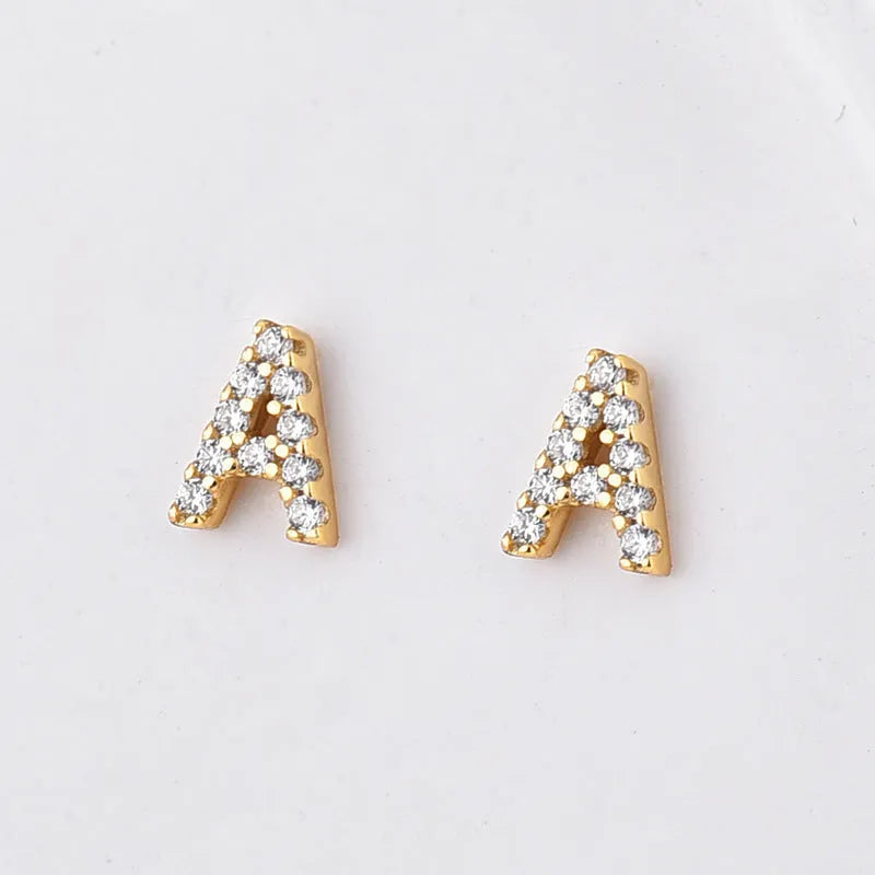 Brass gold plated alphabet letter earrings with zircon accents showing English letters A to Z options