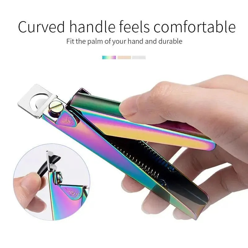 Stainless steel nail art tool set with rainbow, gold, and silver trimmer, clipper, and edge cutter