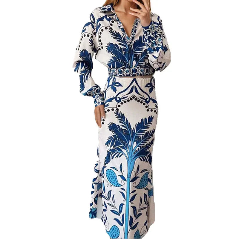 Women's floral print co-ord set with long sleeve top and matching long skirt trousers