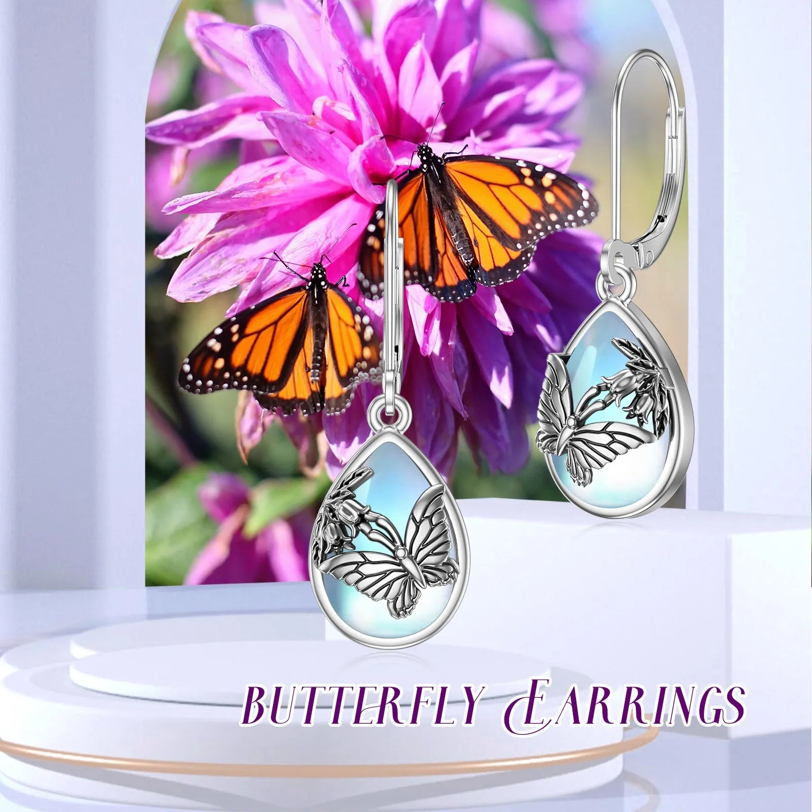925 sterling silver butterfly leverback earrings with moonstone gemstone, silver colour, for women