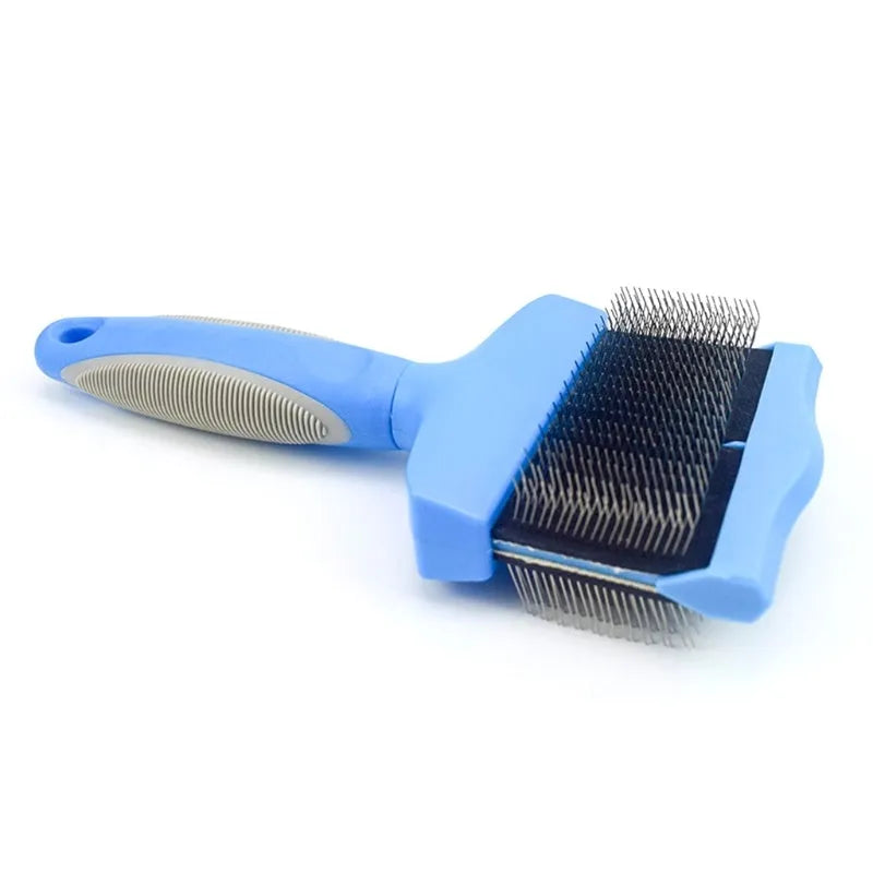 Double-sided pet brush with stainless steel pins in blue colour, showing ergonomic handle and flexible brush head