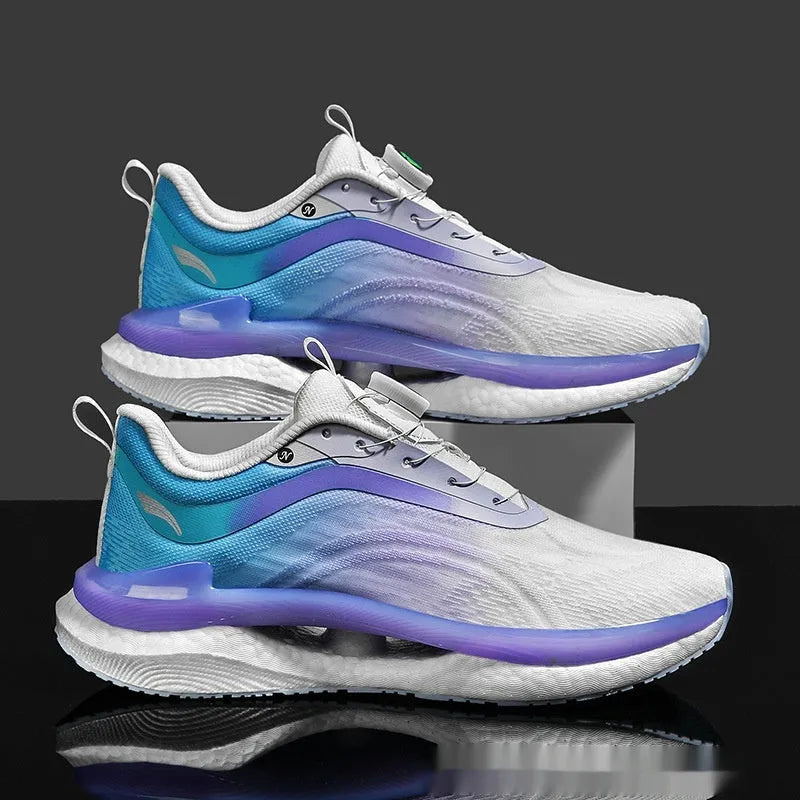Men's high-top running shoes with mesh upper in cotton candy colour showing buckle closure and composite sole