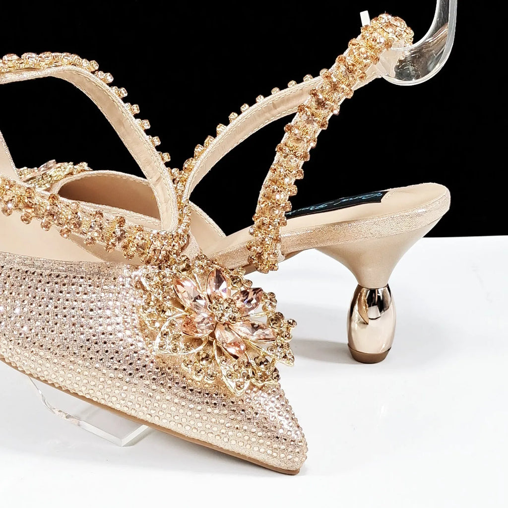 Women's floral high heel shoes with matching clutch bag featuring rhinestones and ankle chain