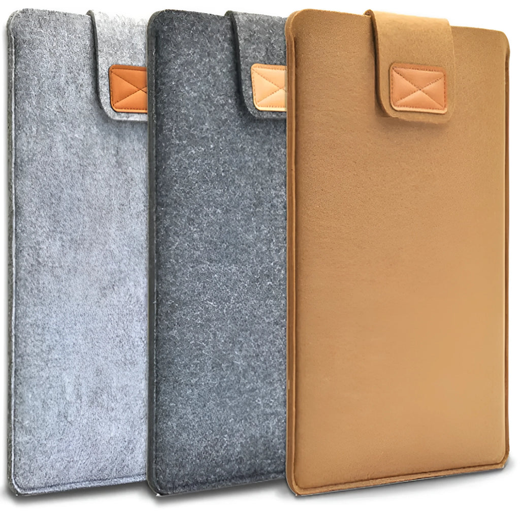 Khaki clamshell laptop bag with woven design, shown open to reveal polyester lining and corner protector.