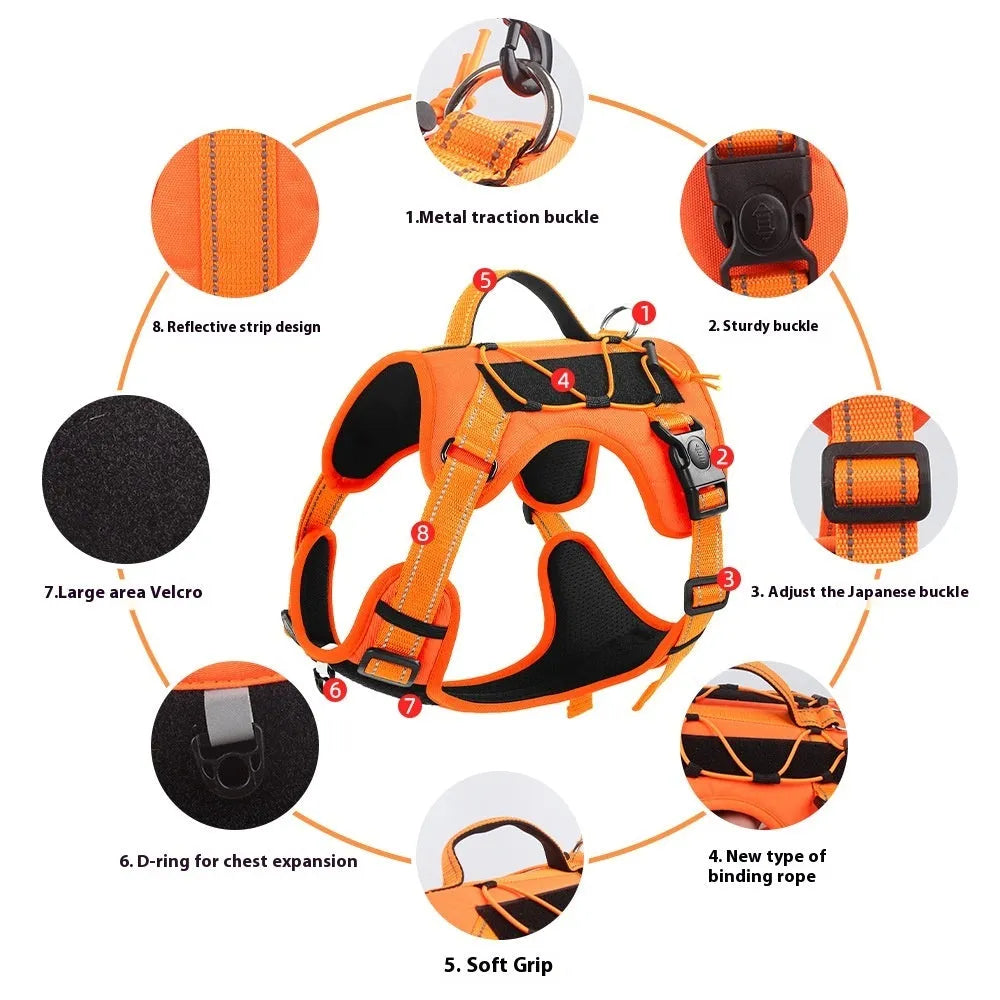 Reflective dog harness and lead set with hand-holding rope in multiple colour options
