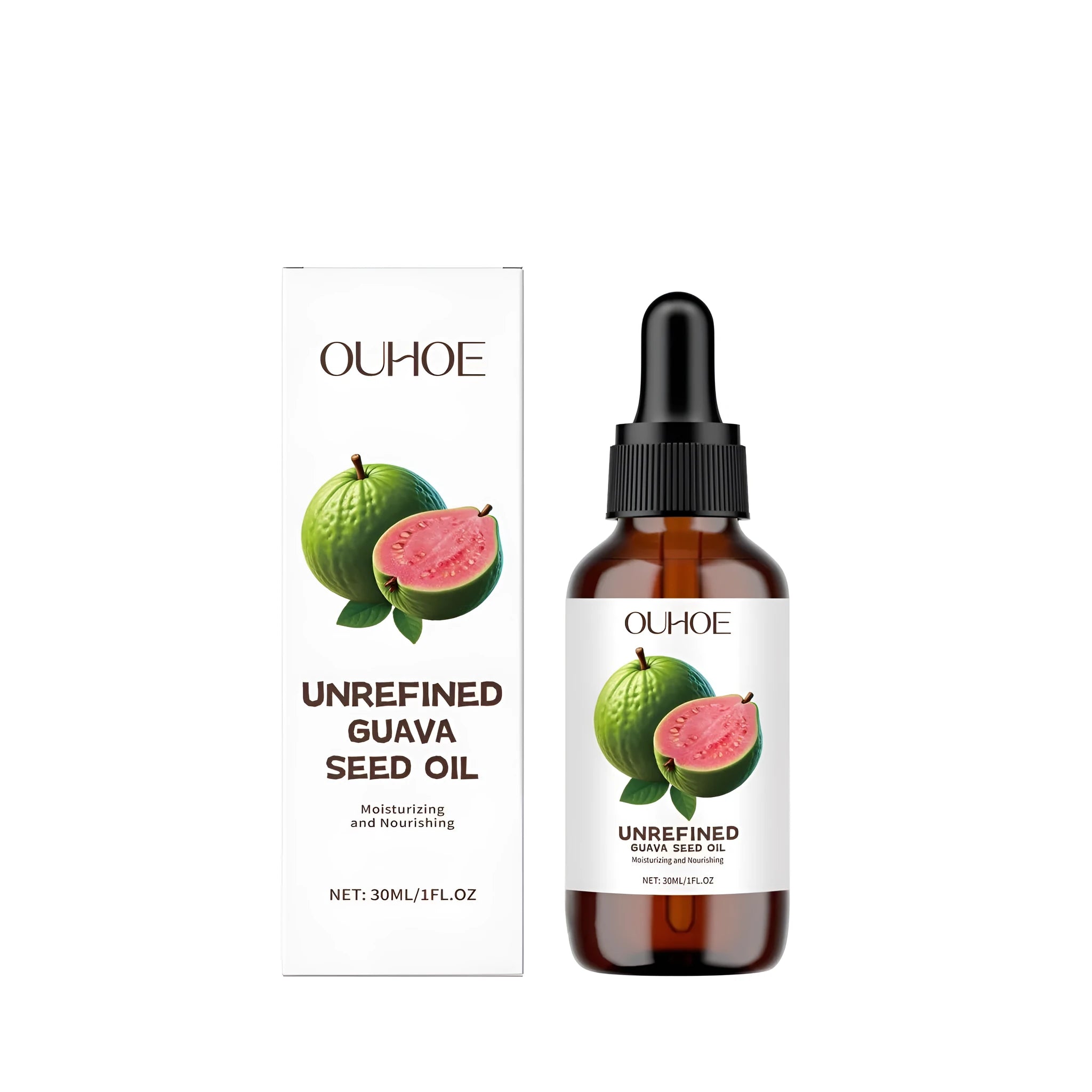 30ml glass bottle of guava seed facial oil with dropper.