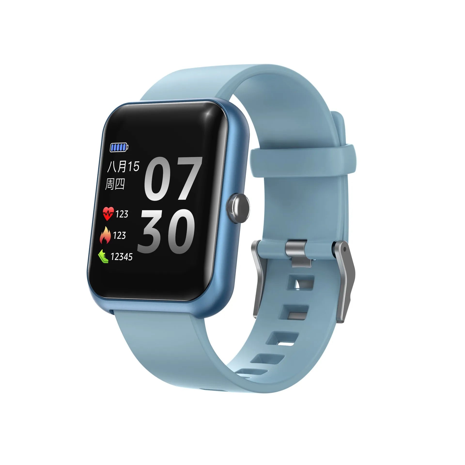 Square smart watch with silicone strap on wrist showing Bluetooth connectivity and aluminium case