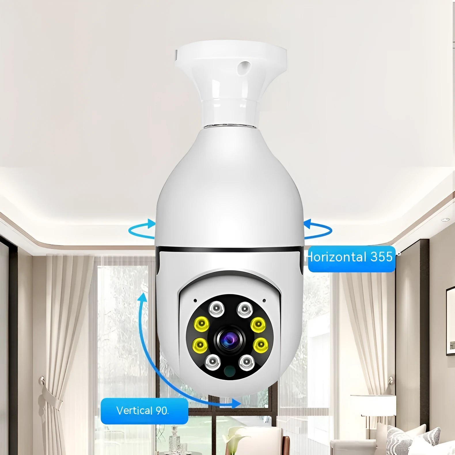 Wireless bulb camera with plastic and metal housing measuring 5cm by 12cm for indoor and outdoor monitoring