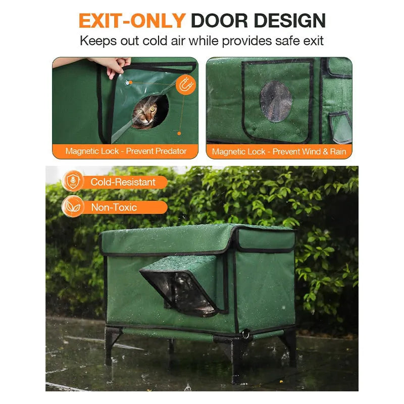 Green 900D PVC outdoor heated foldable cat house with charger for cats, sizes S M L