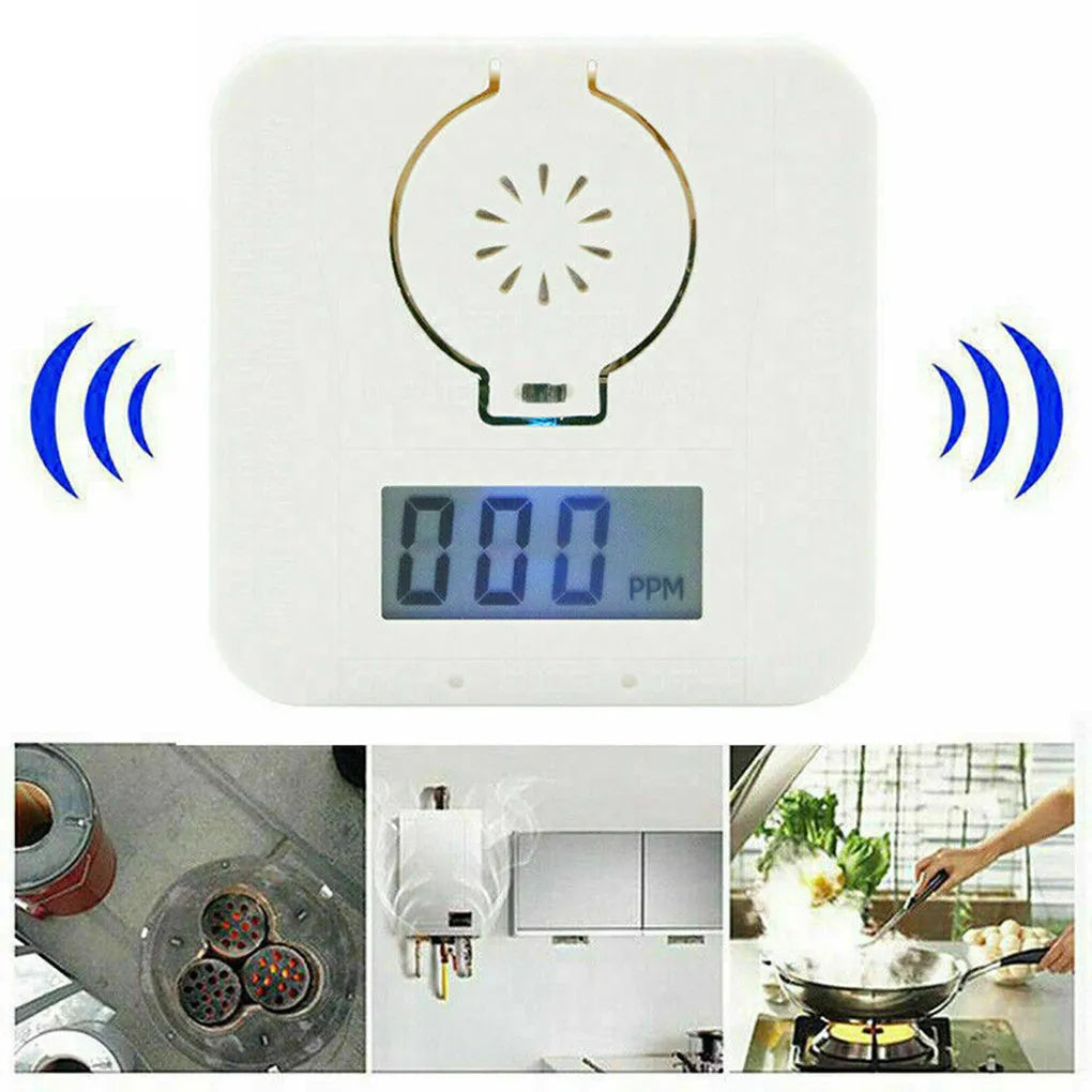 White wireless carbon monoxide alarm mounted on wall for kitchen bathroom safety