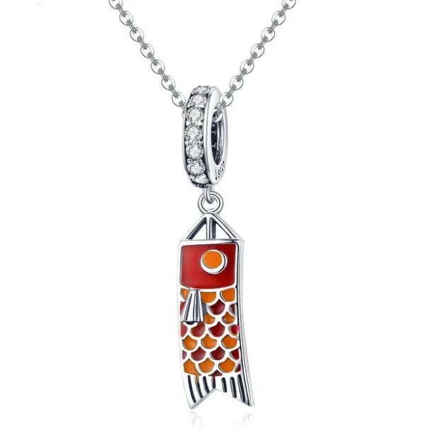 S925 sterling silver carp streamer pendant with zircon stones, measuring 2.8cm.