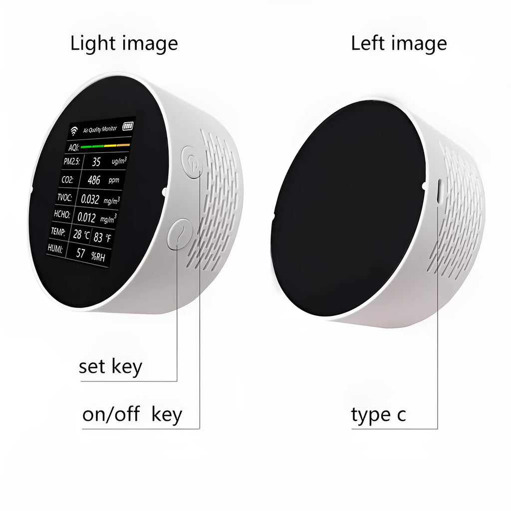 White air quality detector showing CO2, PM2.5, TVOC readings with compact 95x40mm design on desk
